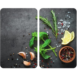 WENKO Universal Cooker Cover, Herbs, Set of 2 Tempered Glass hotplate Covers for All cookers